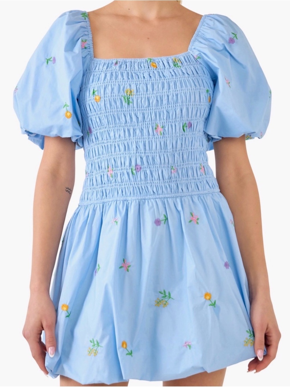 English Factory Light Blue Smocked Puff-Sleeve Mini Dress with Floral Embroidery